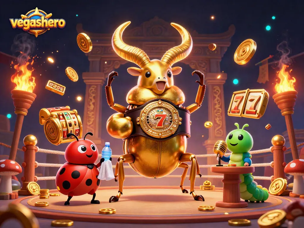Experience the excitement of vegashero with a dynamic scene filled with slot reels and golden coins.
