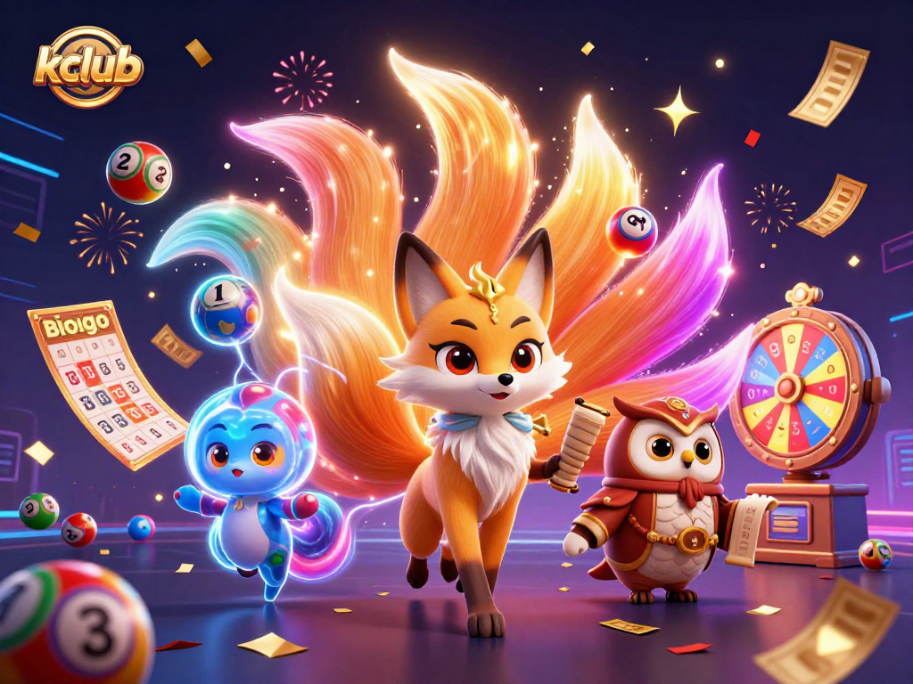 Kclub players enjoy dynamic gaming with a glowing nine-tailed fox spirit and a wise owl sage amidst vibrant lottery elements.