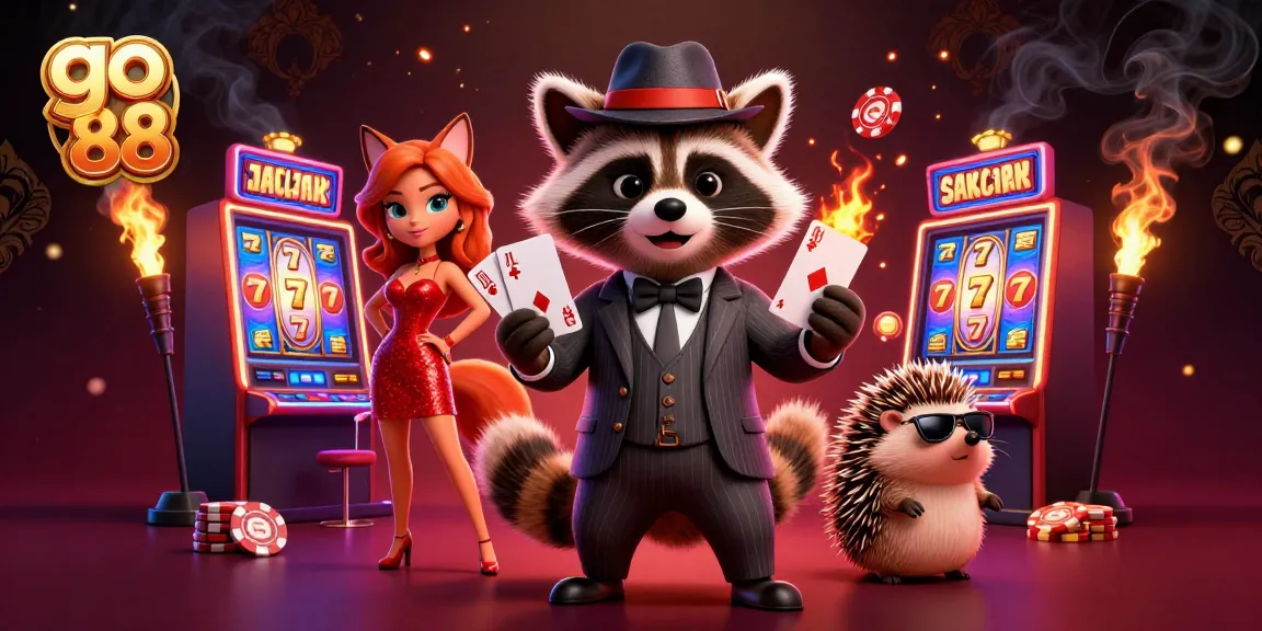 Experience thrilling action at go 88 with a suave raccoon holding a royal flush in a vibrant casino setting.