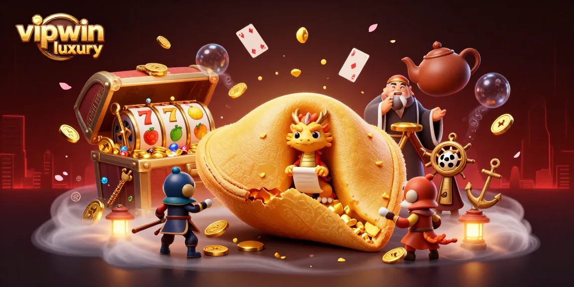 Experience the excitement of vipwin luxury with a bustling casino scene filled with floating slot reels and vibrant characters.