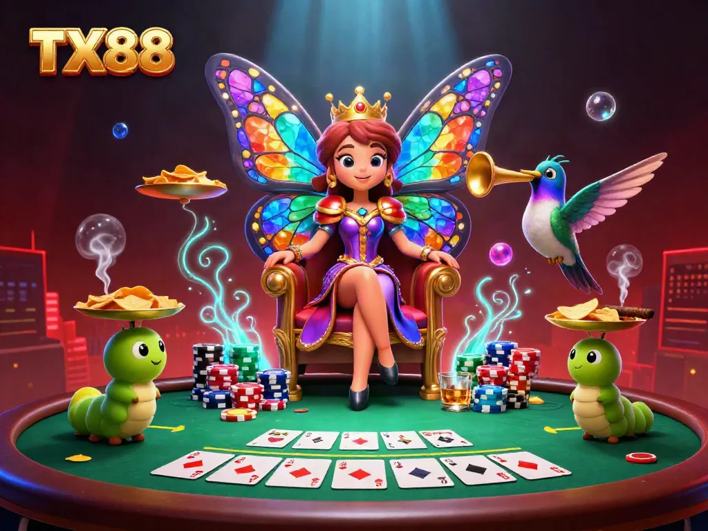 Experience the vibrant world of TX88 casino with a whimsical butterfly queen and lively gaming elements.