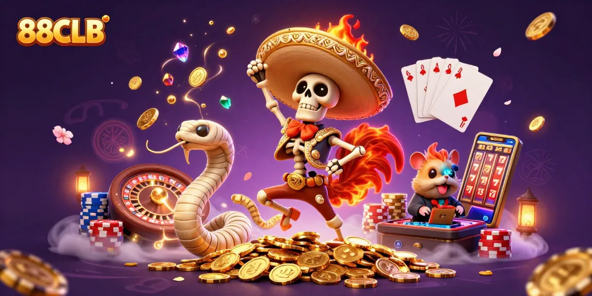 88CLB promotes excitement with vibrant casino characters and dynamic game elements in an engaging illustration.