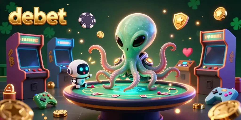 Engage in thrilling poker games at debet with a vibrant alien octopus and robot companions.
