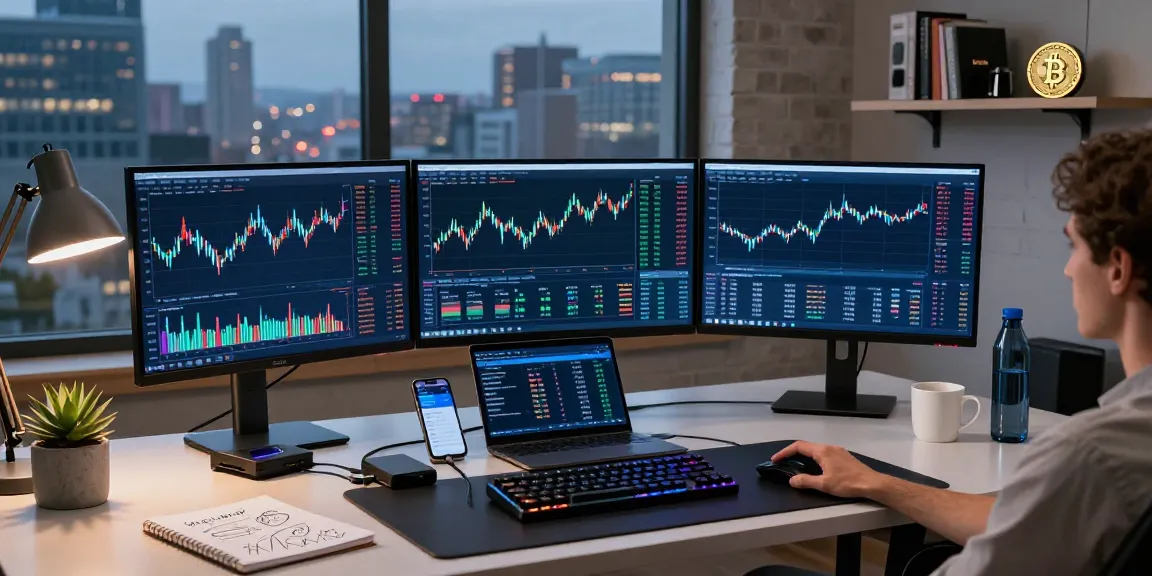 Expert en récupération de portefeuille sur ordinateur montrant des graphiques de trading de crypto-monnaies et un tableau de rendement DeFi.