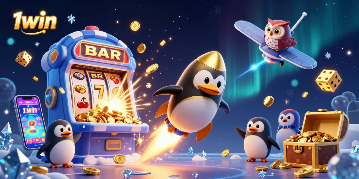 Play exciting casino games at 1win with a dynamic illustration showcasing vibrant gaming elements.