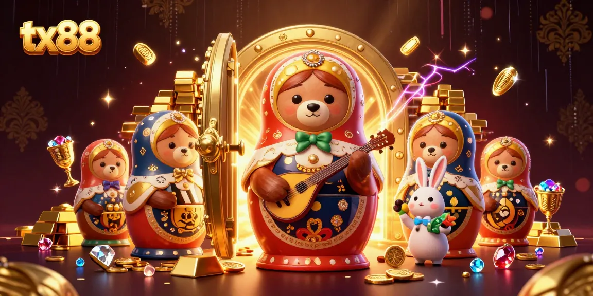 Experience the thrill of tx88 casino with vibrant characters and luxurious elements in a stunning 3D illustration.