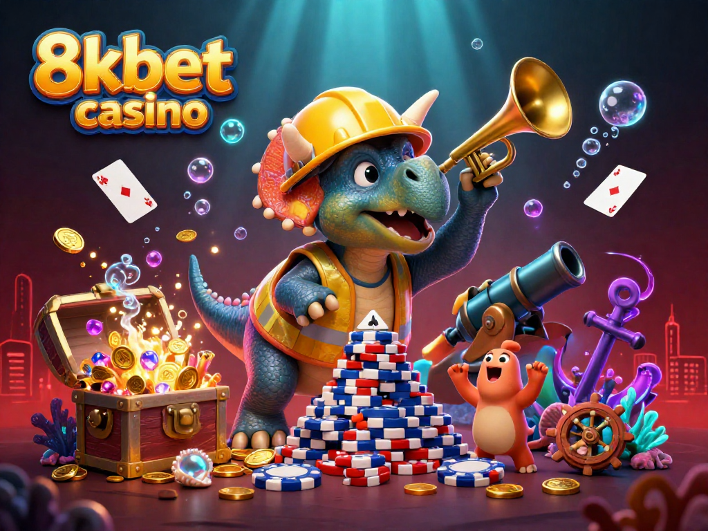A lively underwater scene depicting 8kbet casino with a triceratops constructing poker chips, celebrating characters, and treasures.