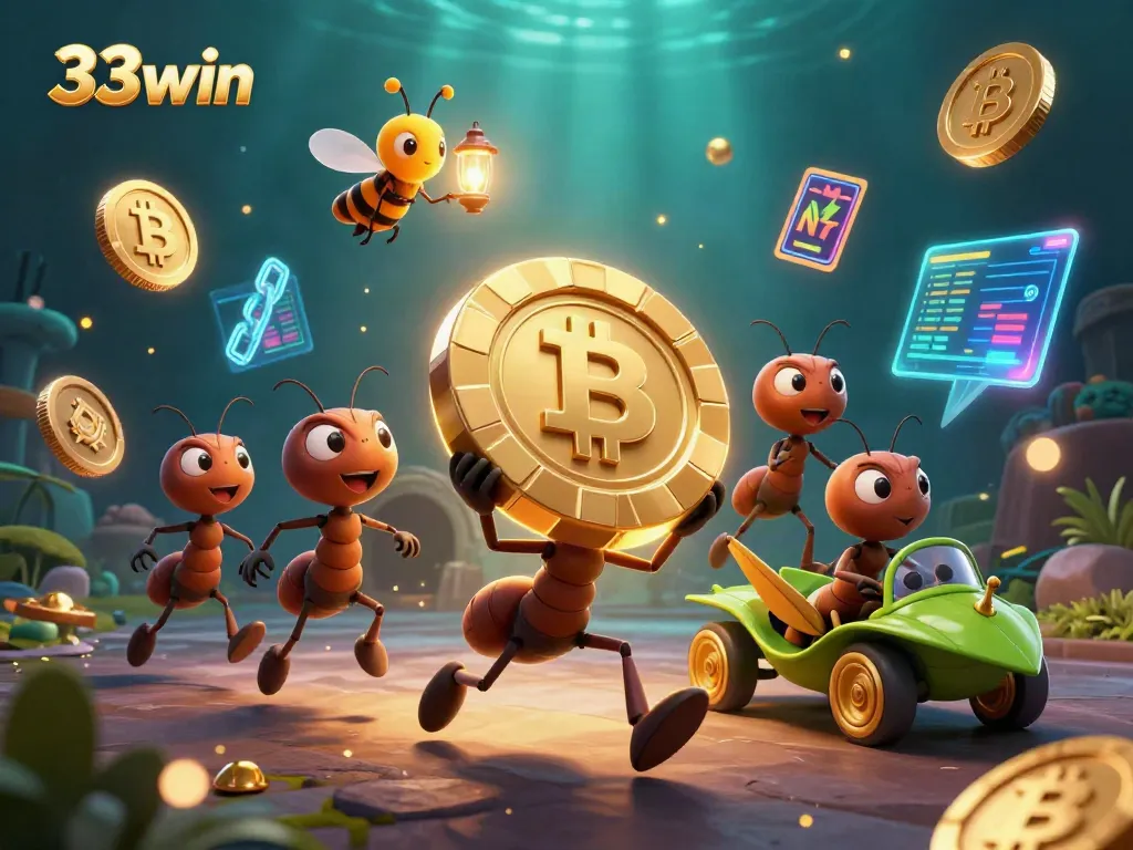 Engage with 33win as cartoon ants execute a heist, featuring golden poker chips and crypto elements.