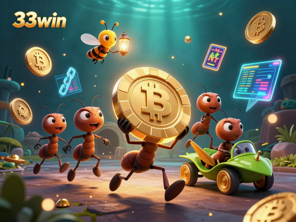 Engage with 33win as cartoon ants execute a heist, featuring golden poker chips and crypto elements.