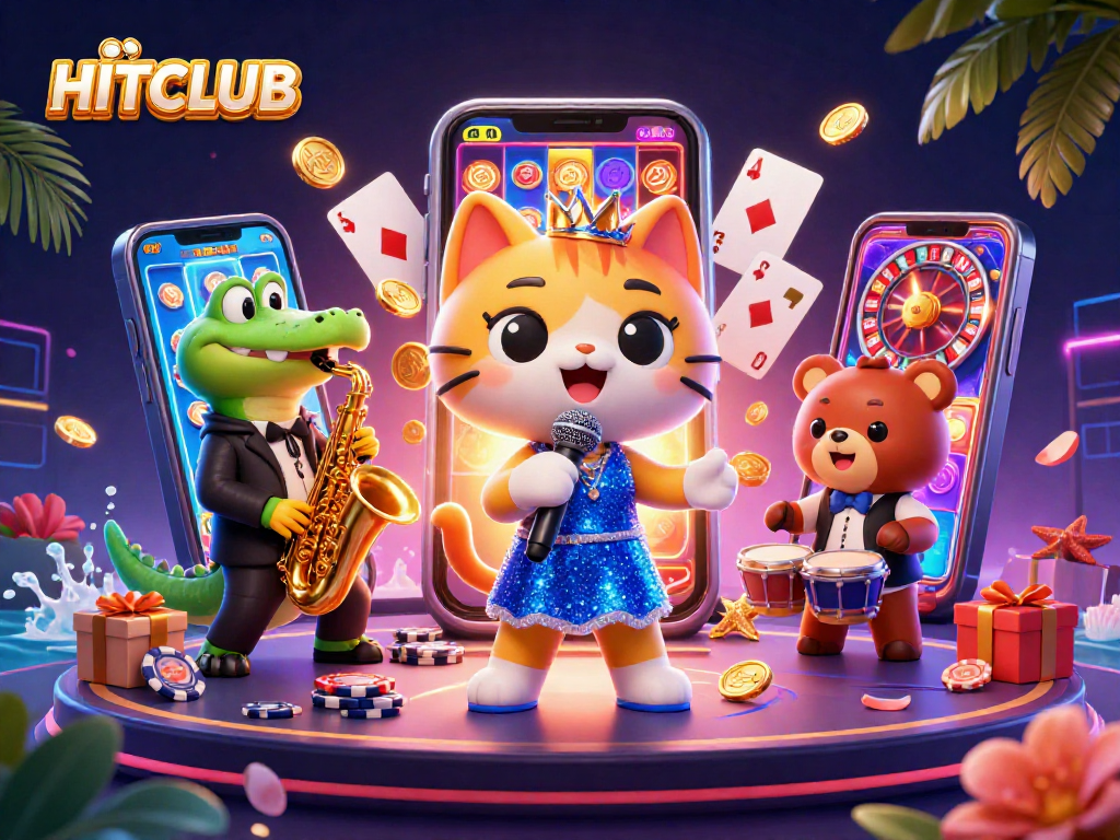 Engage with the vibrant HITCLUB casino scene featuring a jazzy cat, crocodile, and bear, celebrating gaming excitement.
