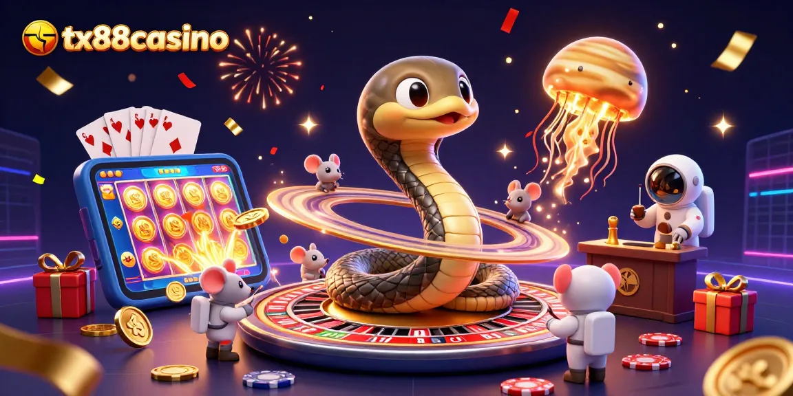 Experience the excitement of tx88casino with a vibrant 3D cosmic gambling scene featuring slot games and roulette.