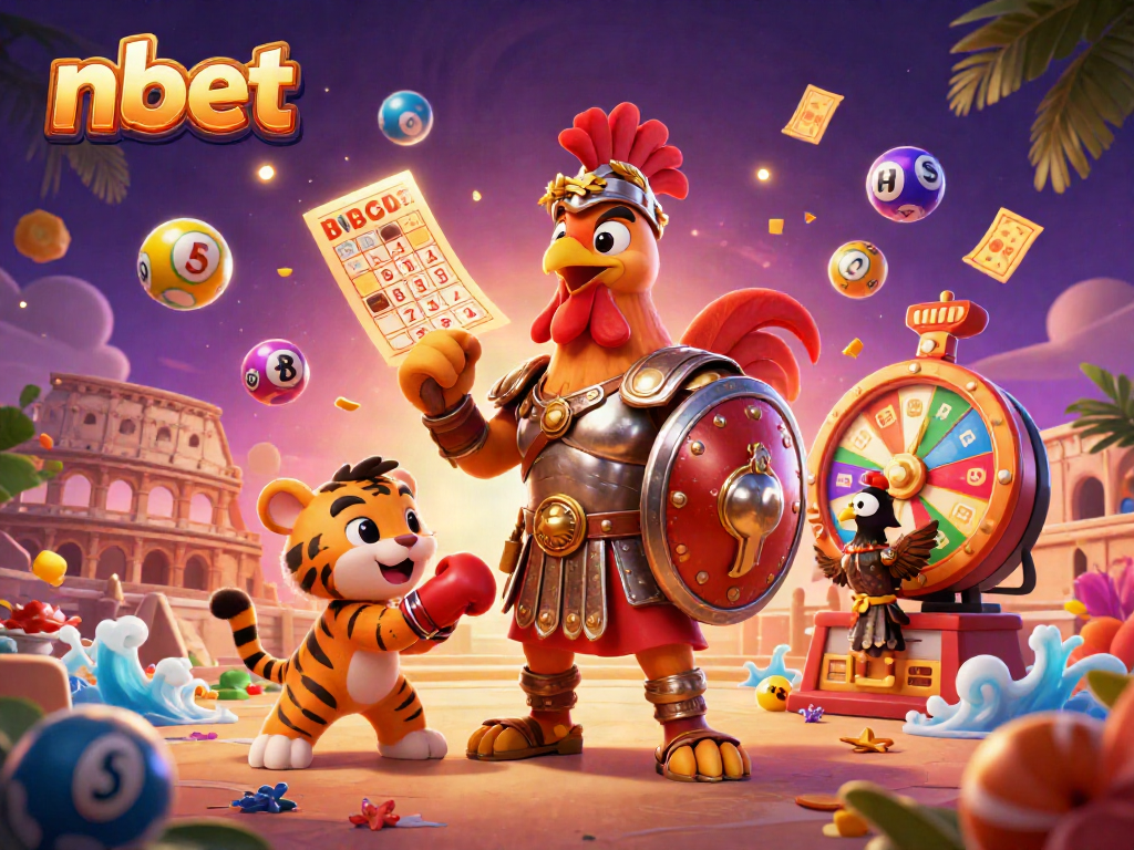 Engage with nbet's dynamic gaming experience featuring a gladiator rooster and playful elements.