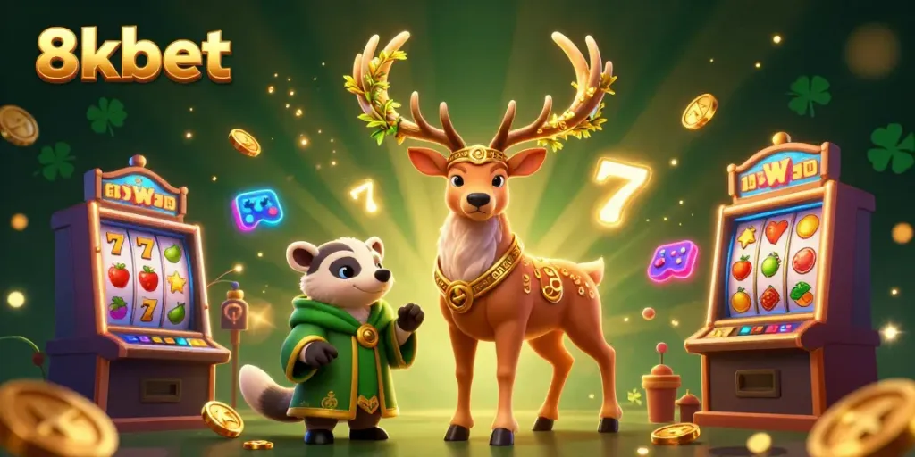 Join the excitement at 8xbet with this vibrant casino scene featuring a Celtic druid stag and lucky slot machines.