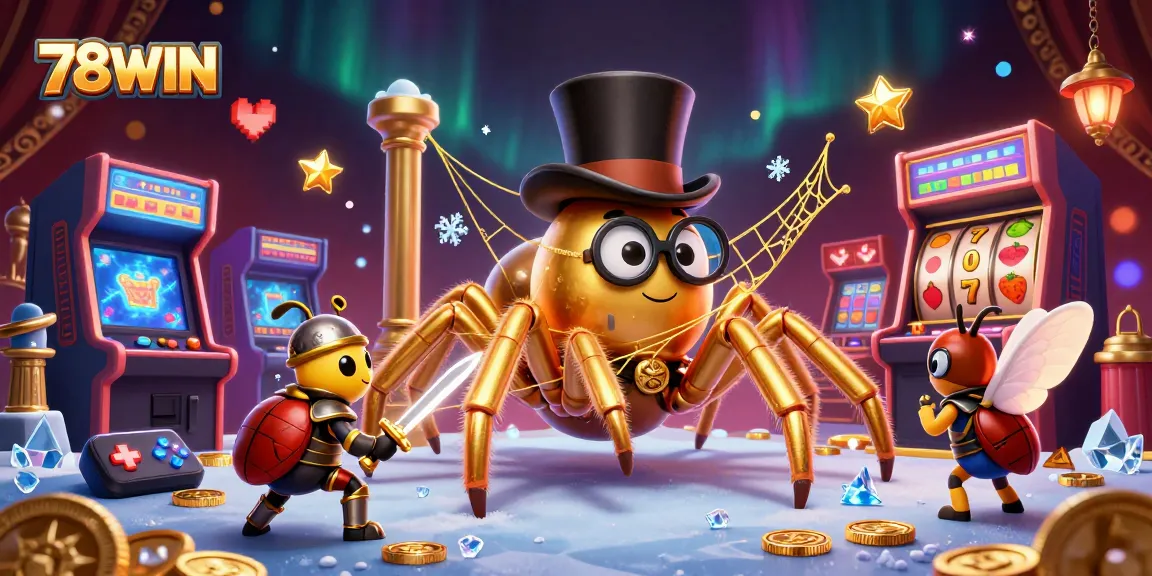 Engage with 78WIN through thrilling games as a giant golden tarantula weaves winning webs in a vibrant casino