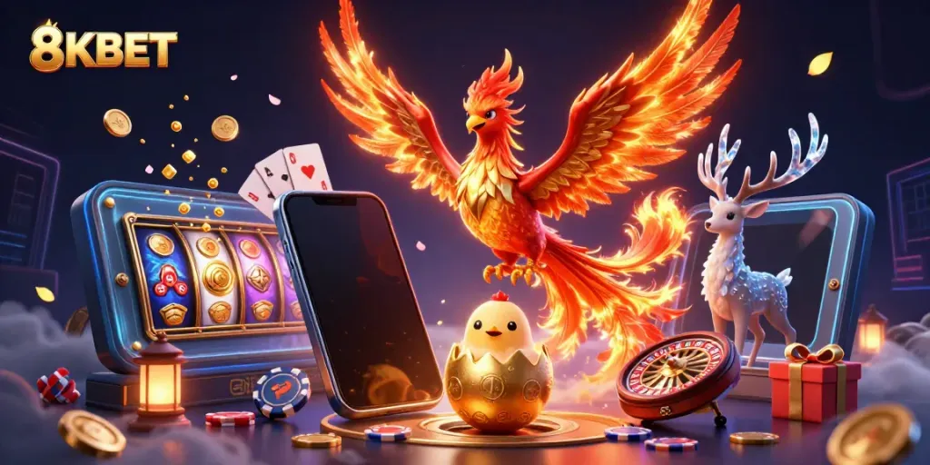 Play exciting games at 8KBET with dynamic visuals of phoenix and casino elements.