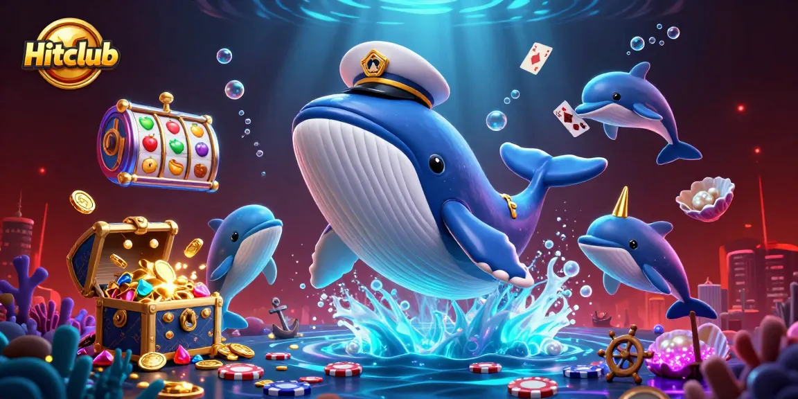 Experience the thrill at Hitclub with dolphins performing poker tricks amidst a sea of casino chips.