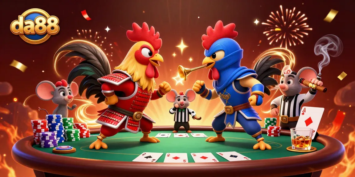 Engage in the thrilling da88 experience with a dramatic rooster standoff at a vibrant poker table.