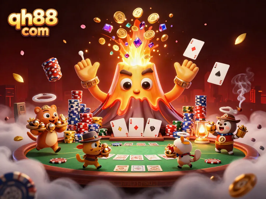 Experience the thrill at qh88 com, with a vibrant 3D illustration of treasure and poker elements.