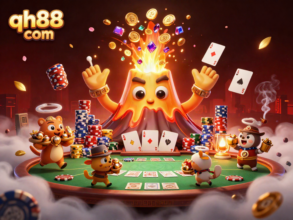Experience the thrill at qh88 com, with a vibrant 3D illustration of treasure and poker elements.