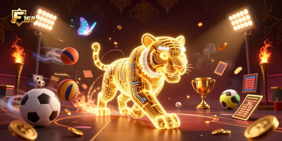 Experience the thrill of F 168 as the golden tiger navigates this vibrant casino scene.