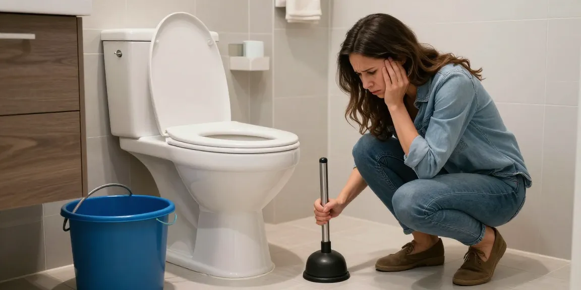 Verstopte wc met een persoon die een rubberen ontstopper gebruikt in een moderne badkamer.