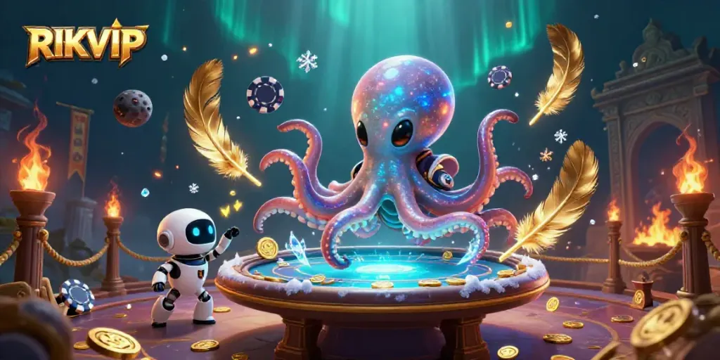Experience RIKVIP in a vibrant, layered atmosphere with an octopus dealer and dynamic casino elements.