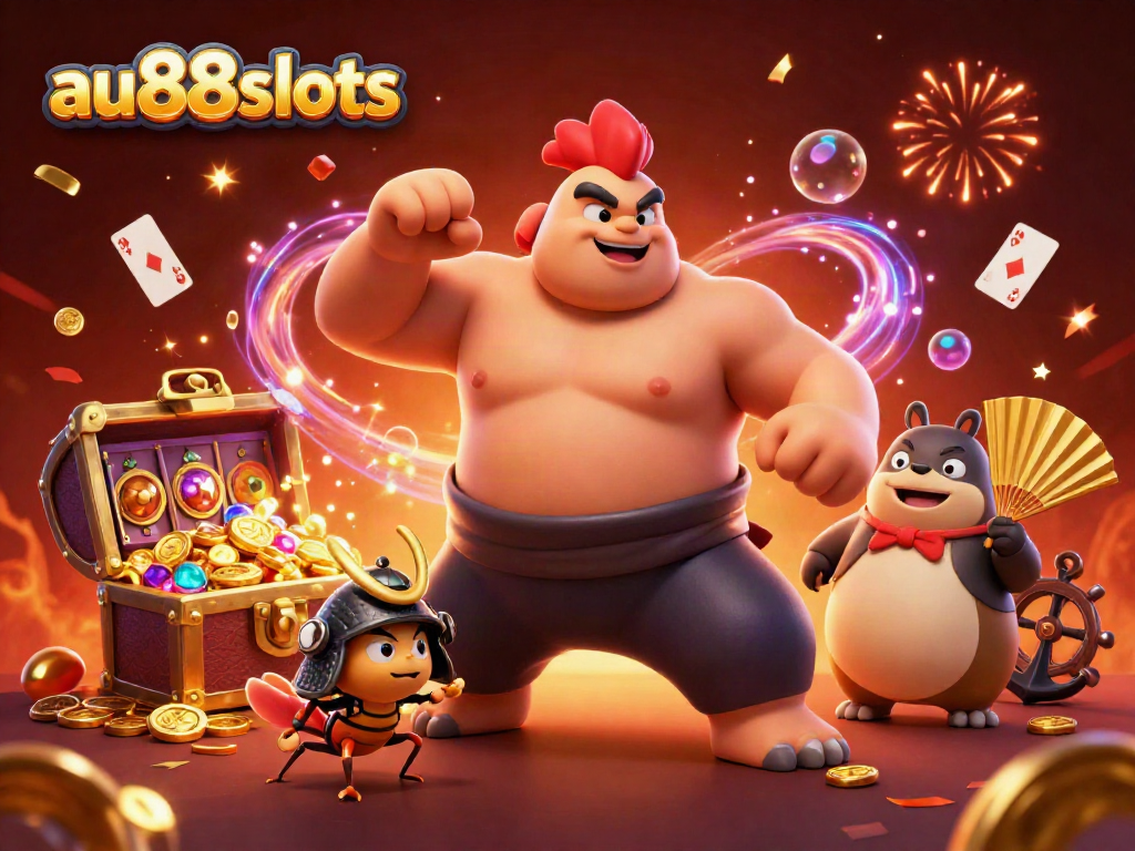 Experience the excitement of au88slots with a powerful rooster and samurai cricket in a vibrant casino scene.