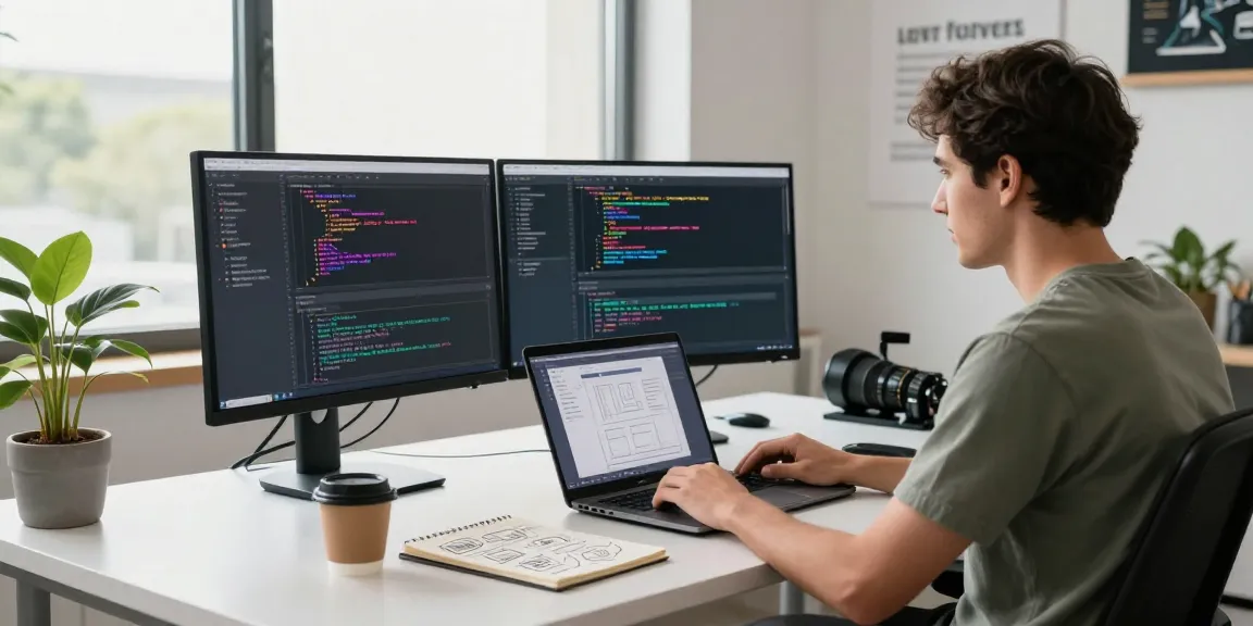 Pengembang perangkat lunak menggunakan tisu4d dalam ruang kerja modern untuk praktik coding yang efisien.
