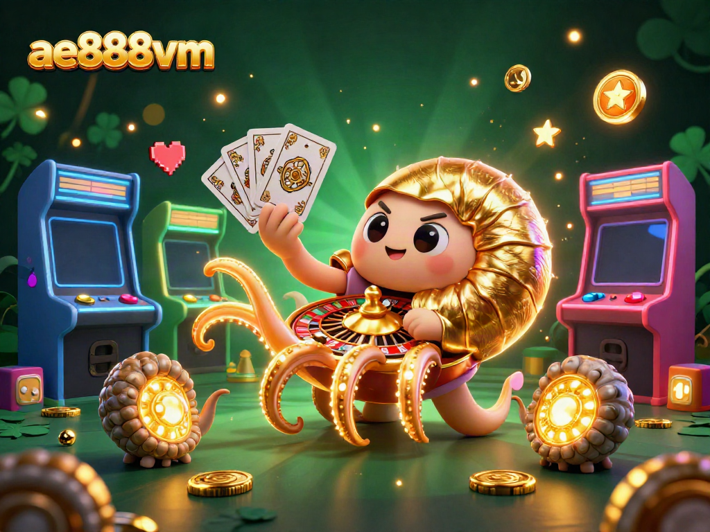 Engage in thrilling gameplay with ae888vm's vibrant 3D casino illustration featuring dynamic characters and playful elements.