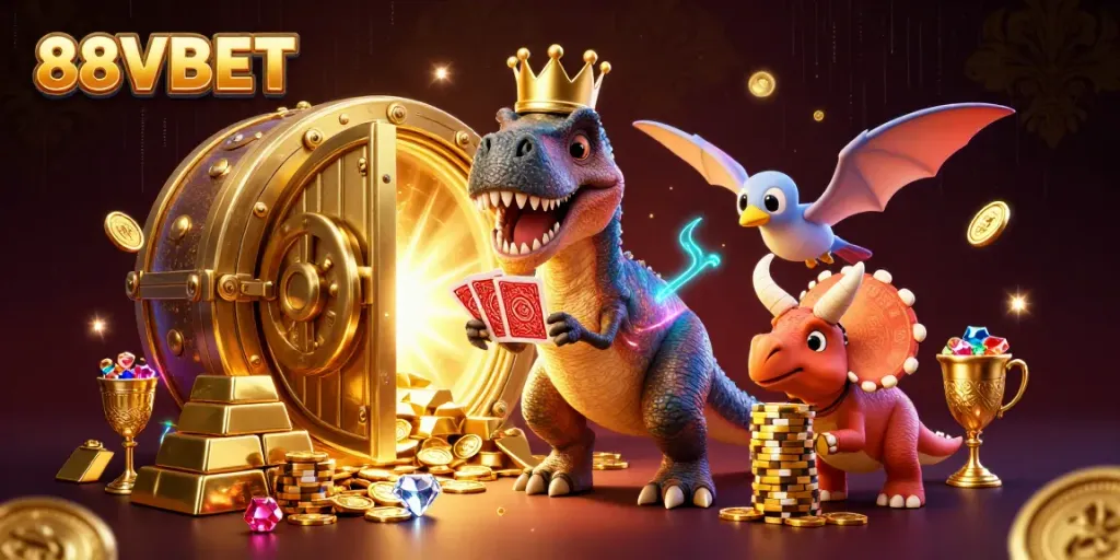 Experience excitement with 88VBET's playful T-Rex as it shuffles cards in a vibrant casino scene.