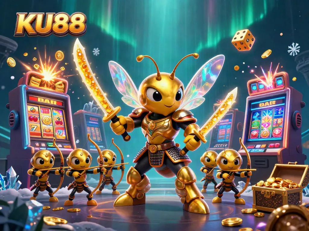 Experience thrilling jackpots and dynamic gameplay at KU88 with vibrant illustrations of a samurai hornet and thrilling casino elements.