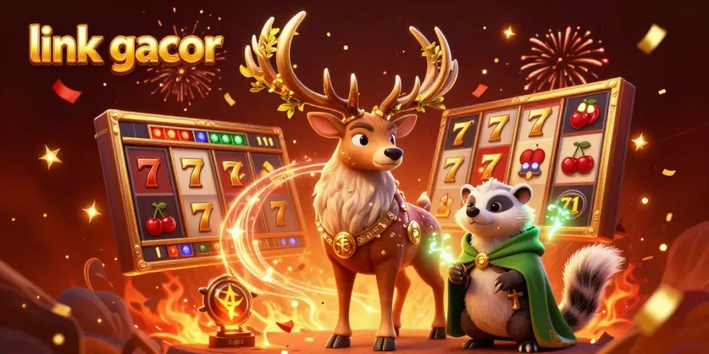 Engage with link gacor in a vibrant casino scene featuring a mystical stag and jackpot elements.