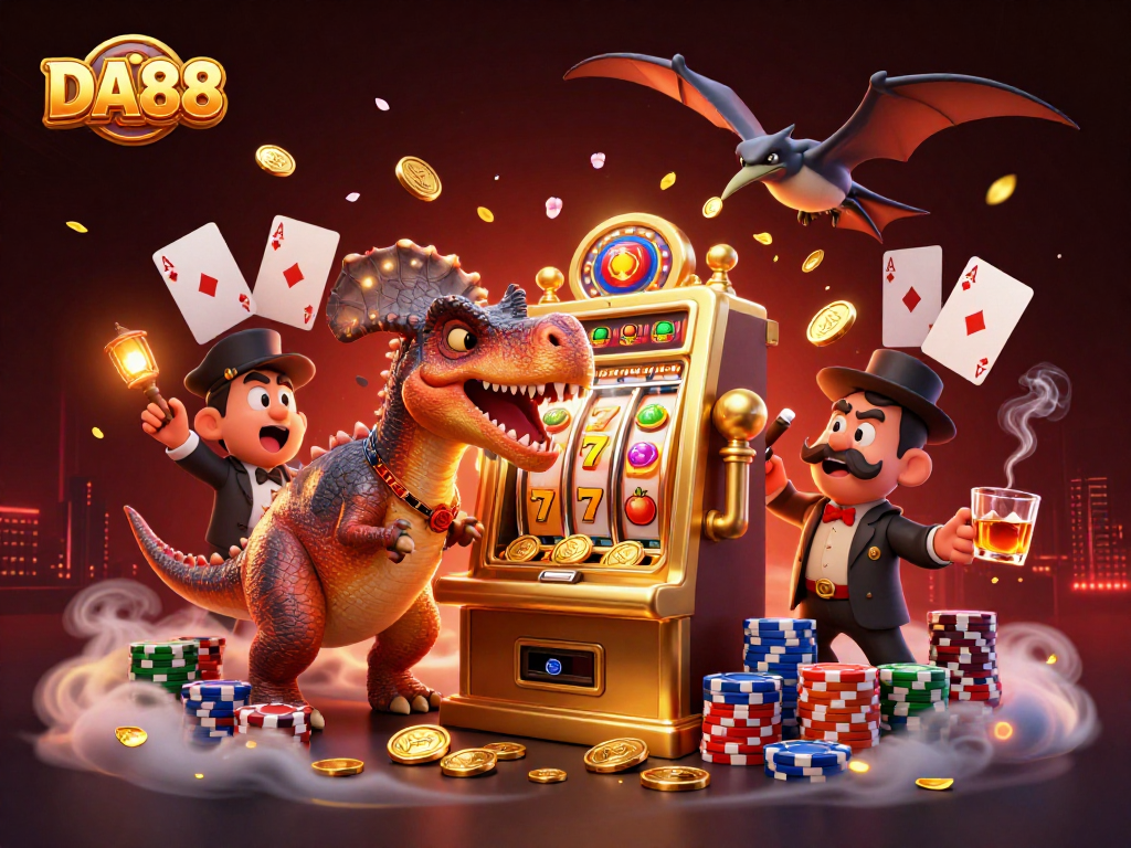 DA88 casino theme illustration with dinosaurs headbutting a slot machine for jackpot coins.
