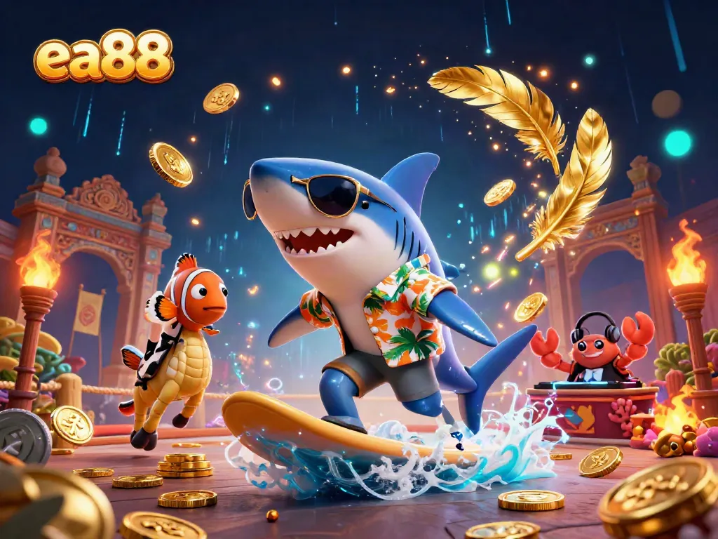 ea88 boosts excitement with a thrilling scene featuring characters gambling amidst coins and vibrant energy.