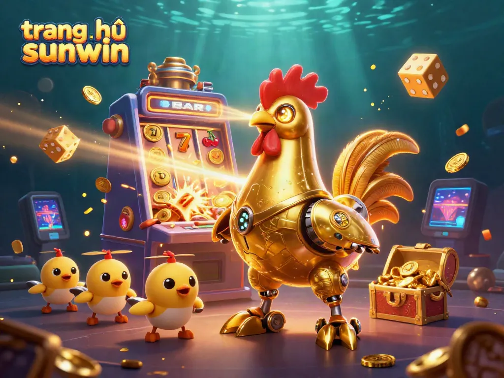 Engage in the vibrant world of trang chủ sunwin, featuring a golden rooster robot and baby chick drones amidst a jackpot frenzy.