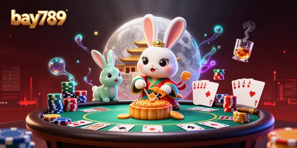 Engage with bay789's vibrant casino scene featuring a folklore rabbit surrounded by poker elements.