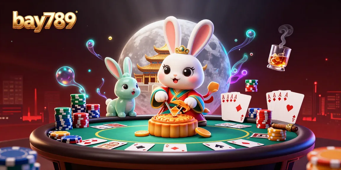 Engage with bay789's vibrant casino scene featuring a folklore rabbit surrounded by poker elements.
