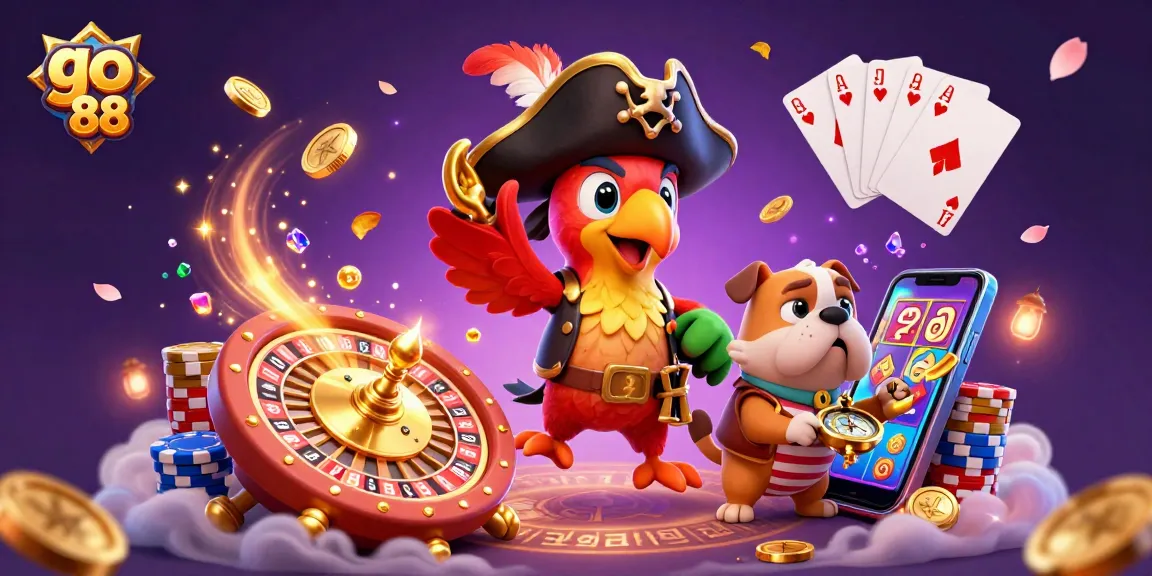 Experience the excitement of go 88 at an online casino, surrounded by dazzling coins and card victories.