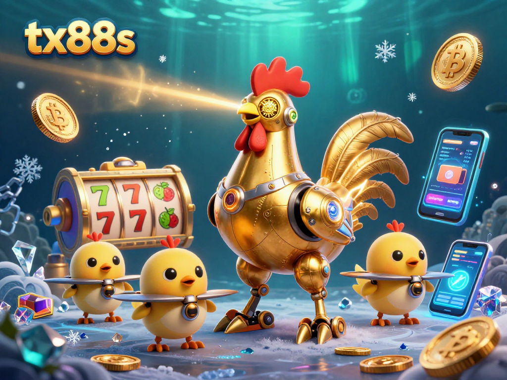 Unleash vibrant energy with tx88s in this colorful 3D casino scene featuring a golden rooster robot and crypto elements.