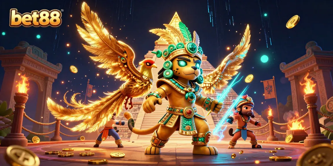 Immerse in the bet88 experience with an illustrated Mayan priest and golden quetzal amidst rich casino elements.