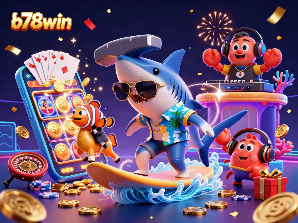 Experience the thrill of b78win with a vibrant 3D scene showcasing gaming excitement and fun.