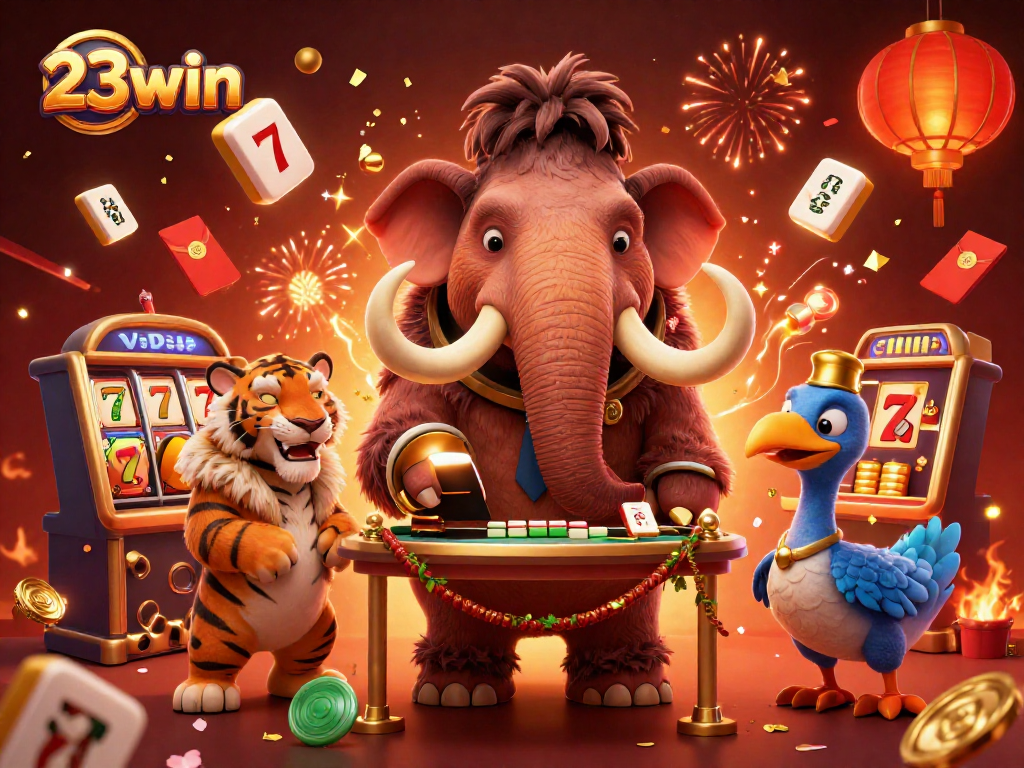 Experience the dynamic entrance at 23win's casino, featuring colorful characters amidst festive game elements.