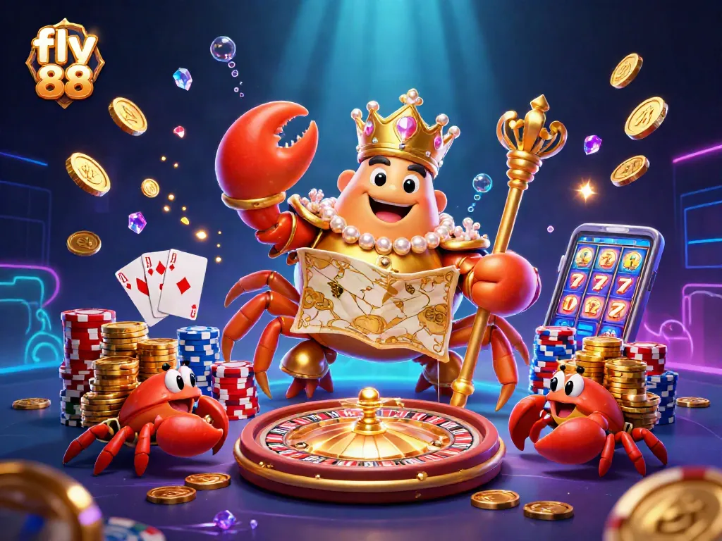 Enjoy vibrant casino action with fly 88's golden crab emperor amidst treasure, coins, and game excitement.