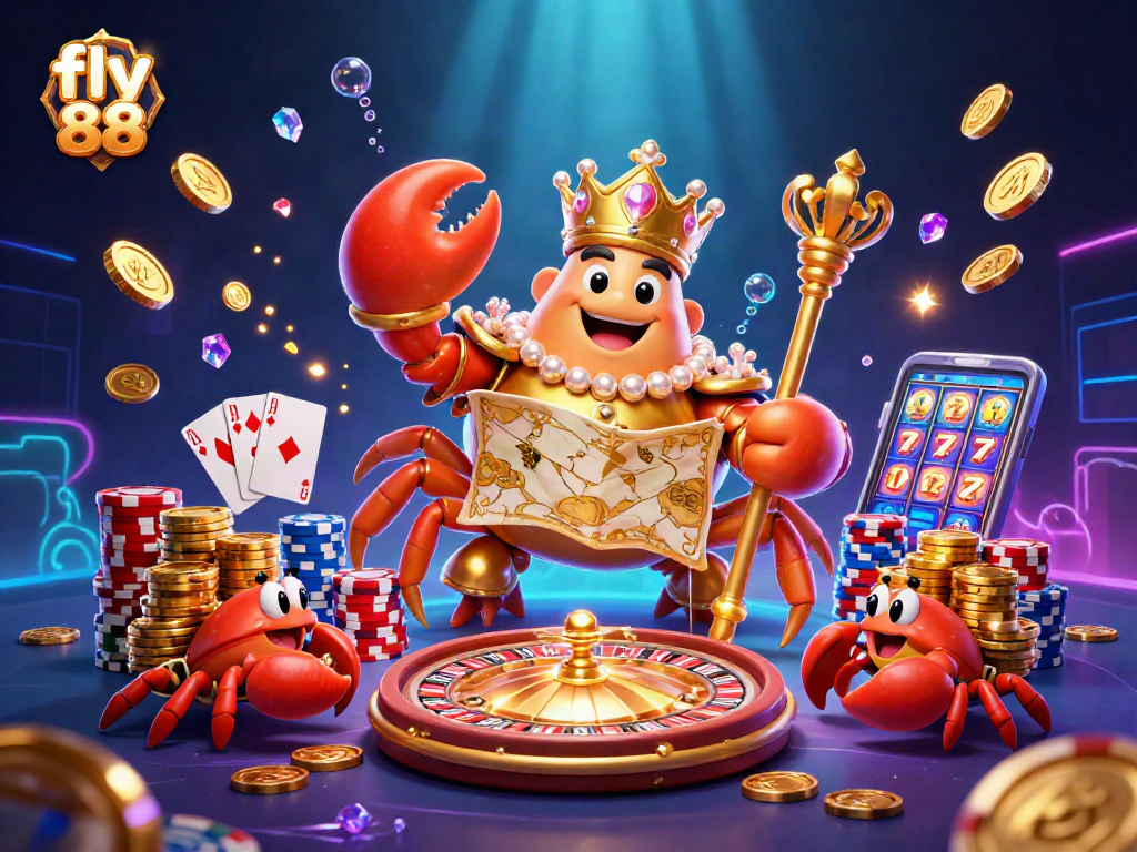 Enjoy vibrant casino action with fly 88's golden crab emperor amidst treasure, coins, and game excitement.