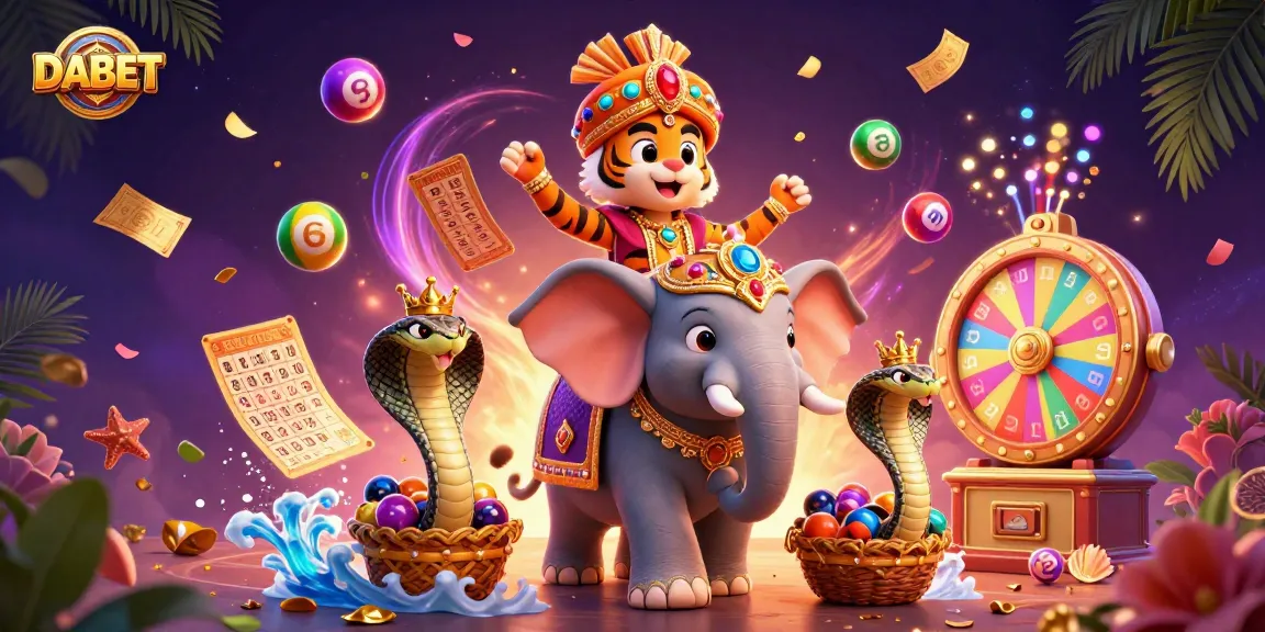 DABET brings thrilling lottery excitement with colorful balls, a majestic elephant, and a cobra companion.