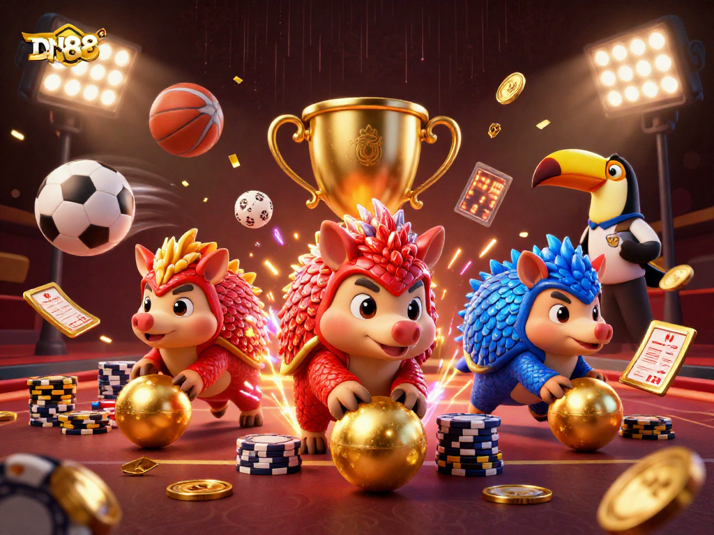 Engage with exciting gameplay at DN88 featuring dynamic pangolin characters in a vibrant casino atmosphere.