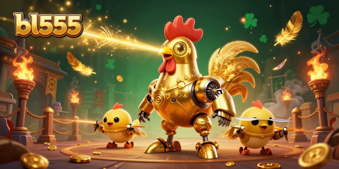 Engage in thrilling games with bl555's golden rooster robot in a vibrant casino scene.