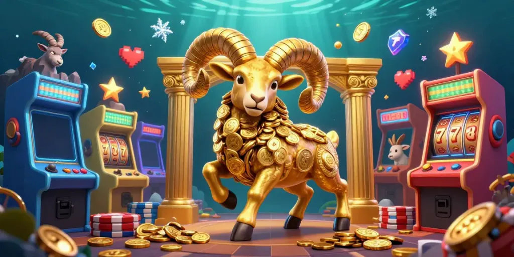 Engaging illustration of UU88 gambling scene with a golden ram charging through slot machines.
