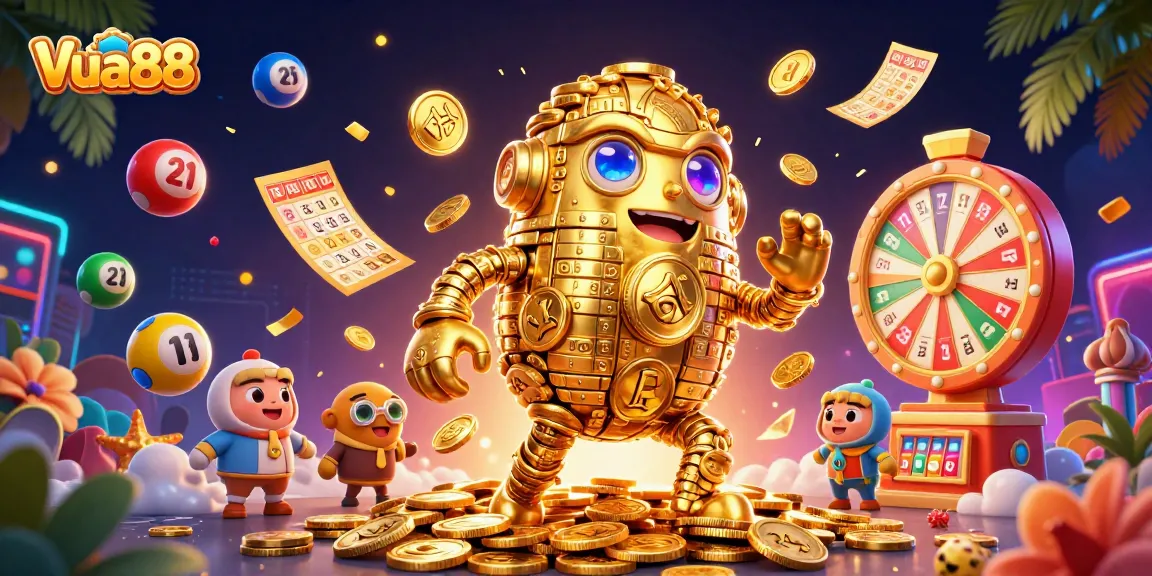 Spin to win with Vua88's dynamic online gambling illustration showcasing a golden golem and vibrant game elements.