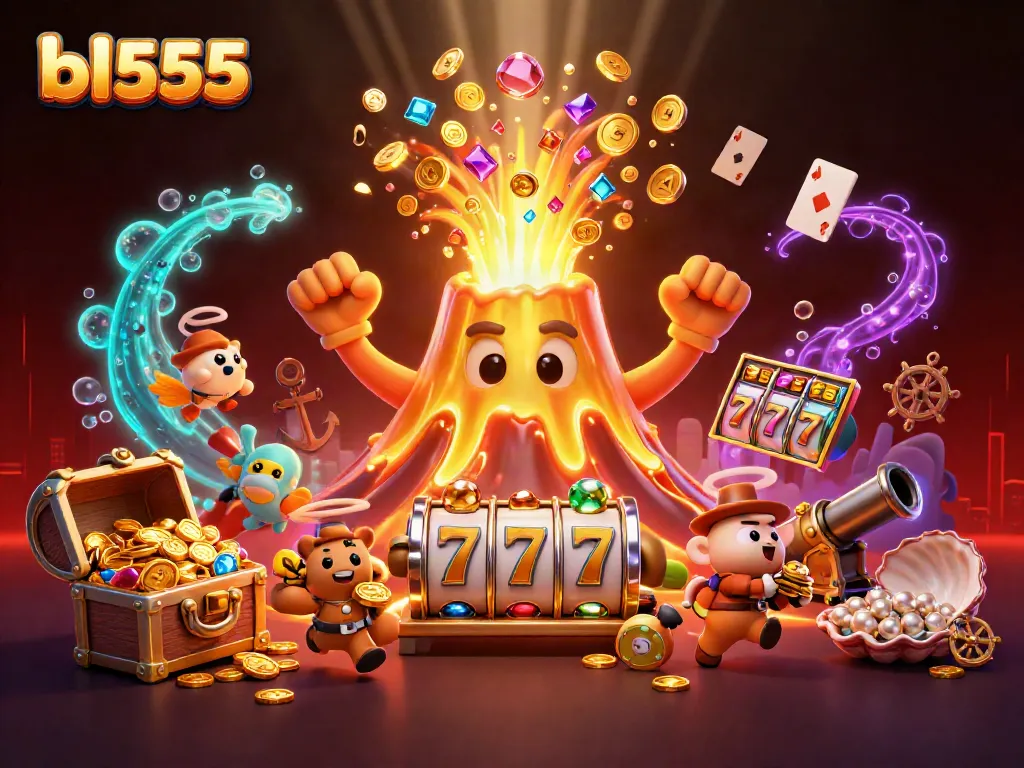 Experience bl555 with a dynamic scene of a golden volcano erupting treasures while tiny explorers flee with gems and coins!